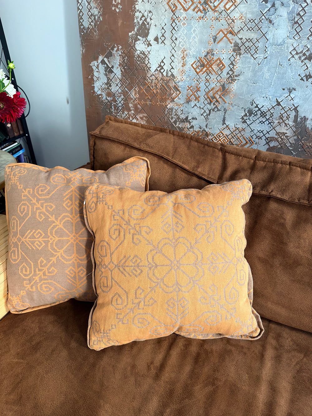 Decorative Cushion Cover with Sun Mandala, grey/orange