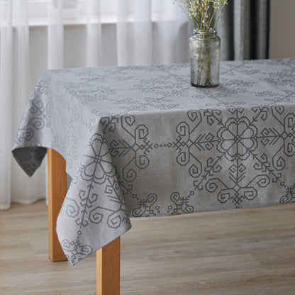 Grey Linen Tablecloth, Sun Mandala Pattern