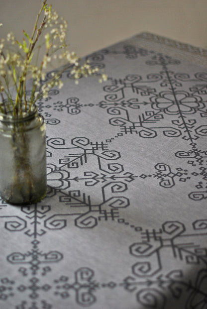 Grey Linen Tablecloth with Lace, Sun Mandala Pattern