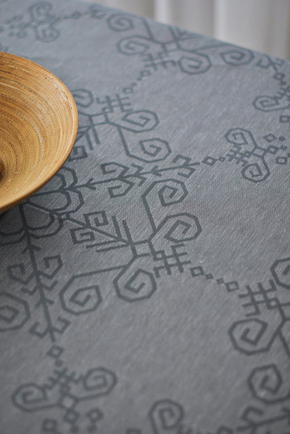 Grey Linen Tablecloth, Sun Mandala Pattern