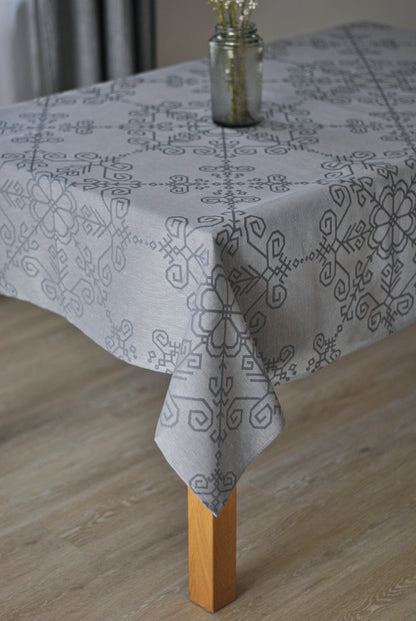 Grey Linen Tablecloth, Sun Mandala Pattern