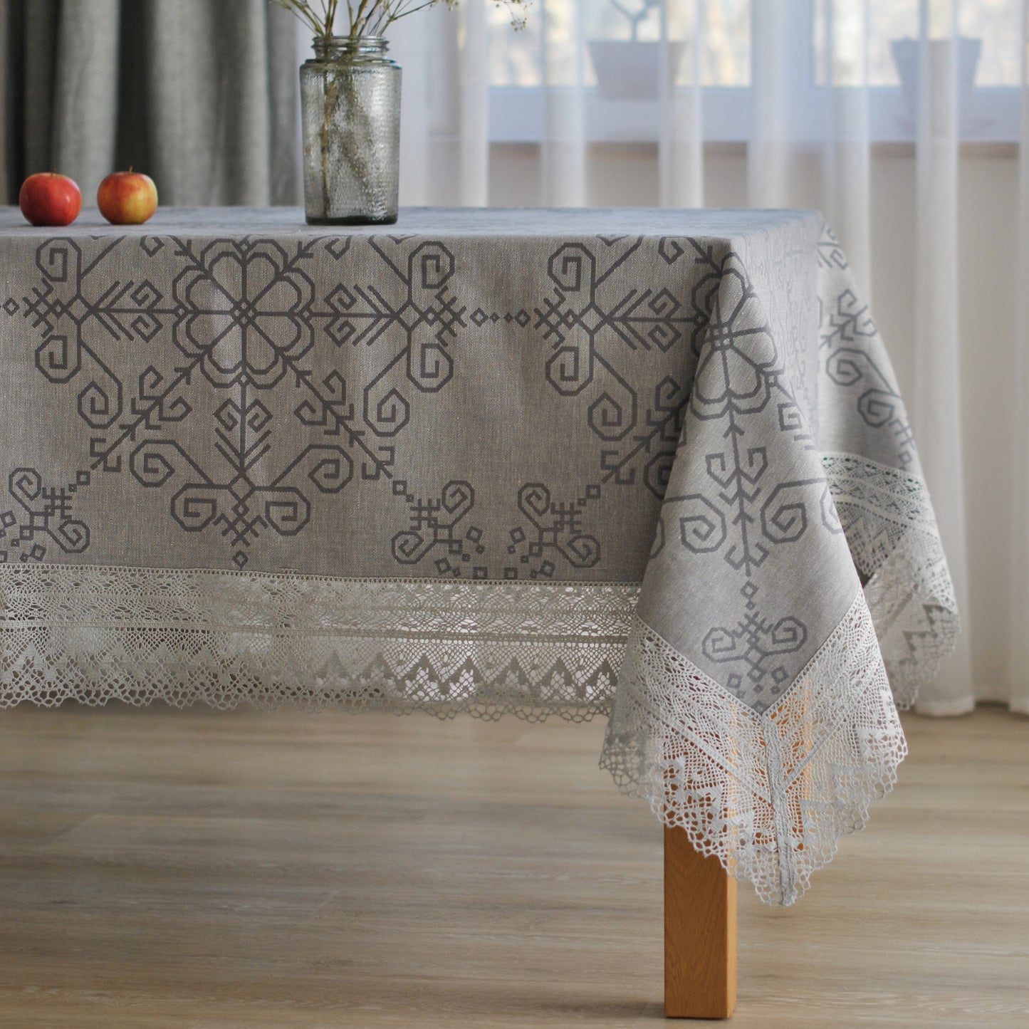 Grey Linen Tablecloth with Wide Lace