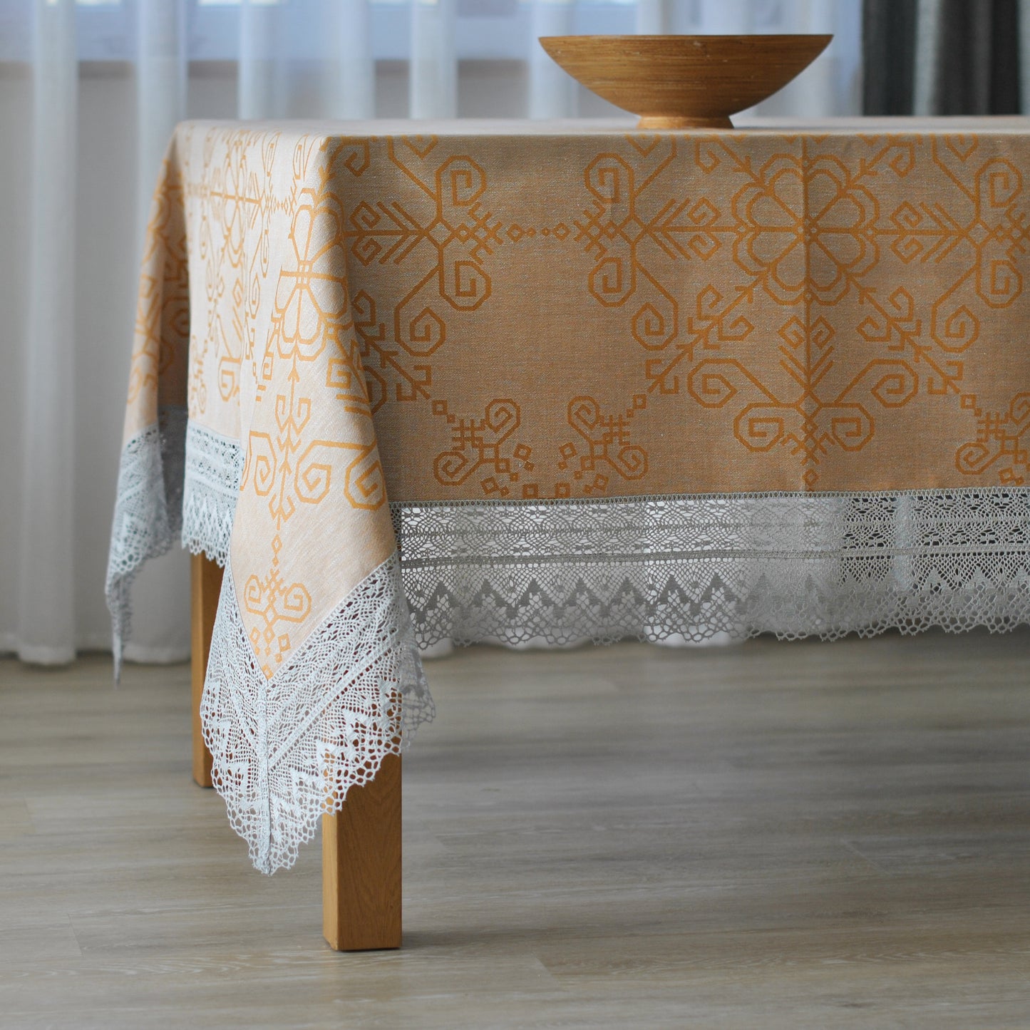 Sand Linen Tablecloth with Wide Lace