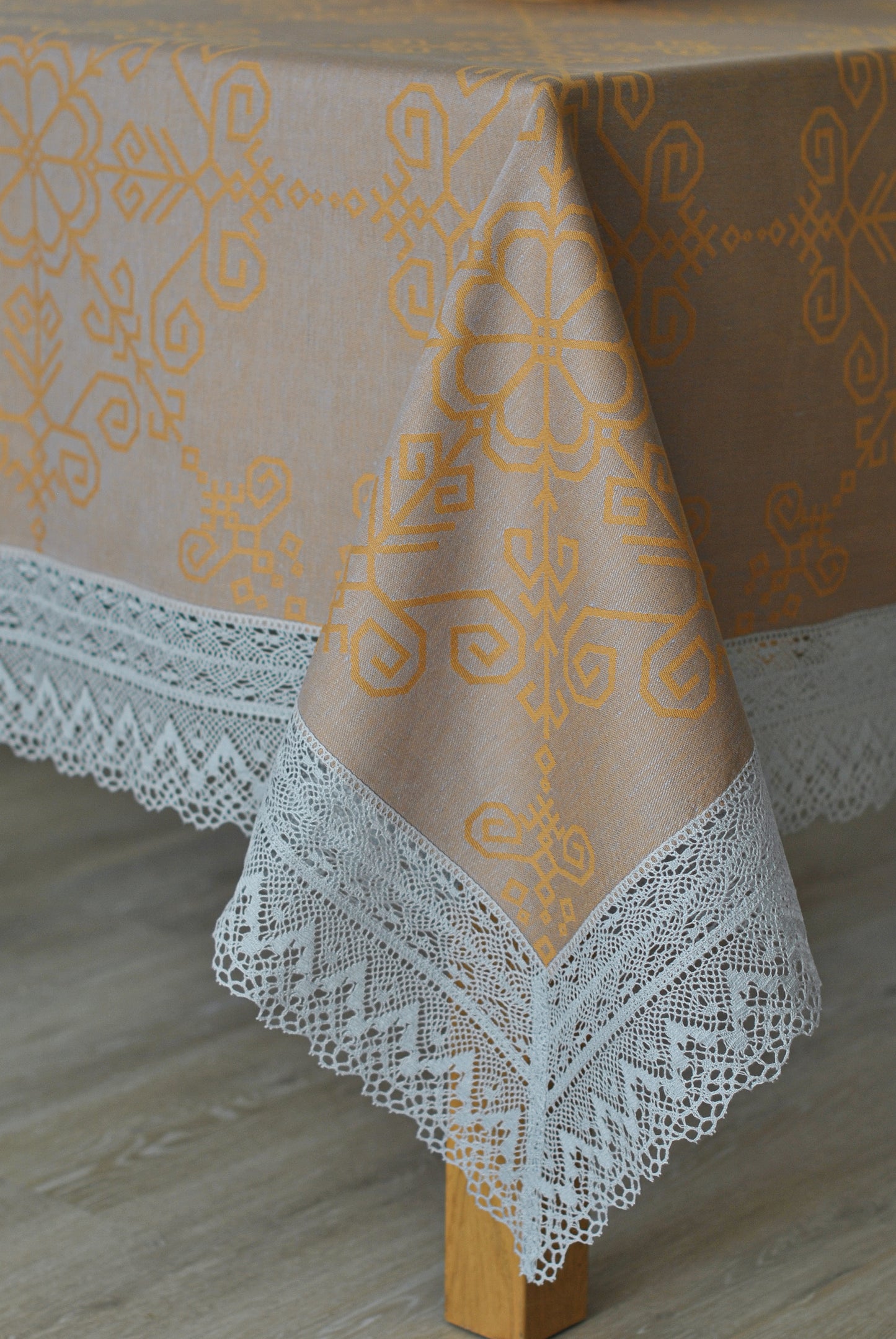 Sand Linen Tablecloth with Wide Lace
