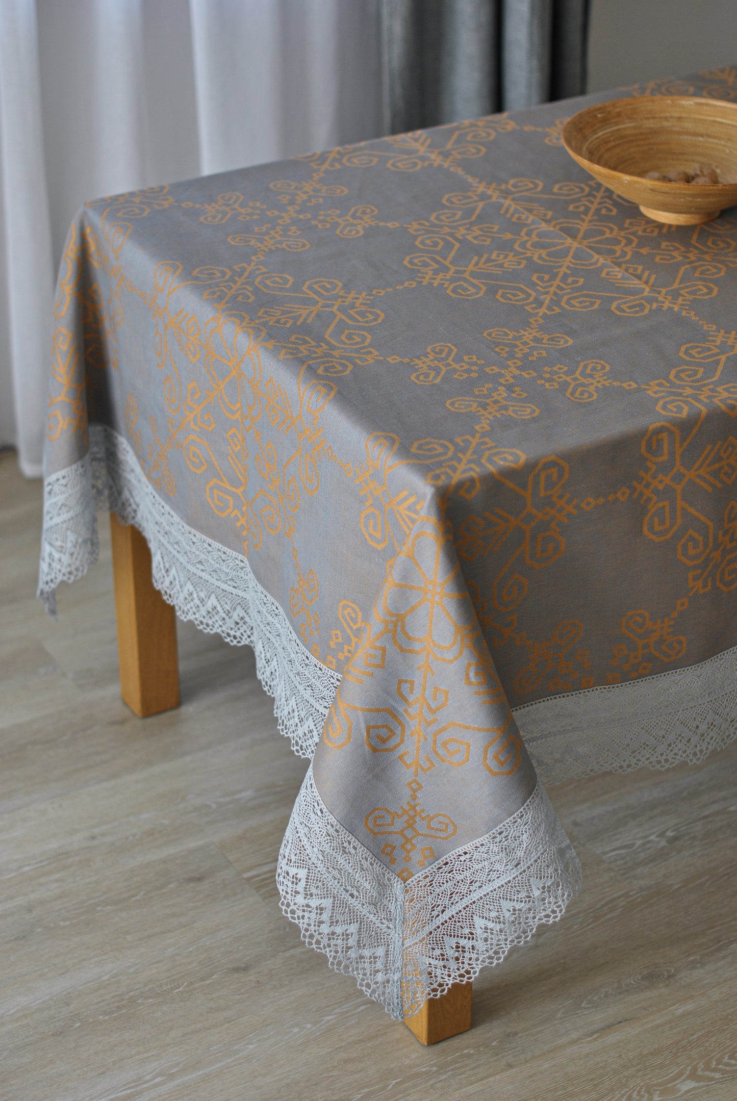 Grey/sand Linen Tablecloth with Wide Lace, Sun Mandala Pattern