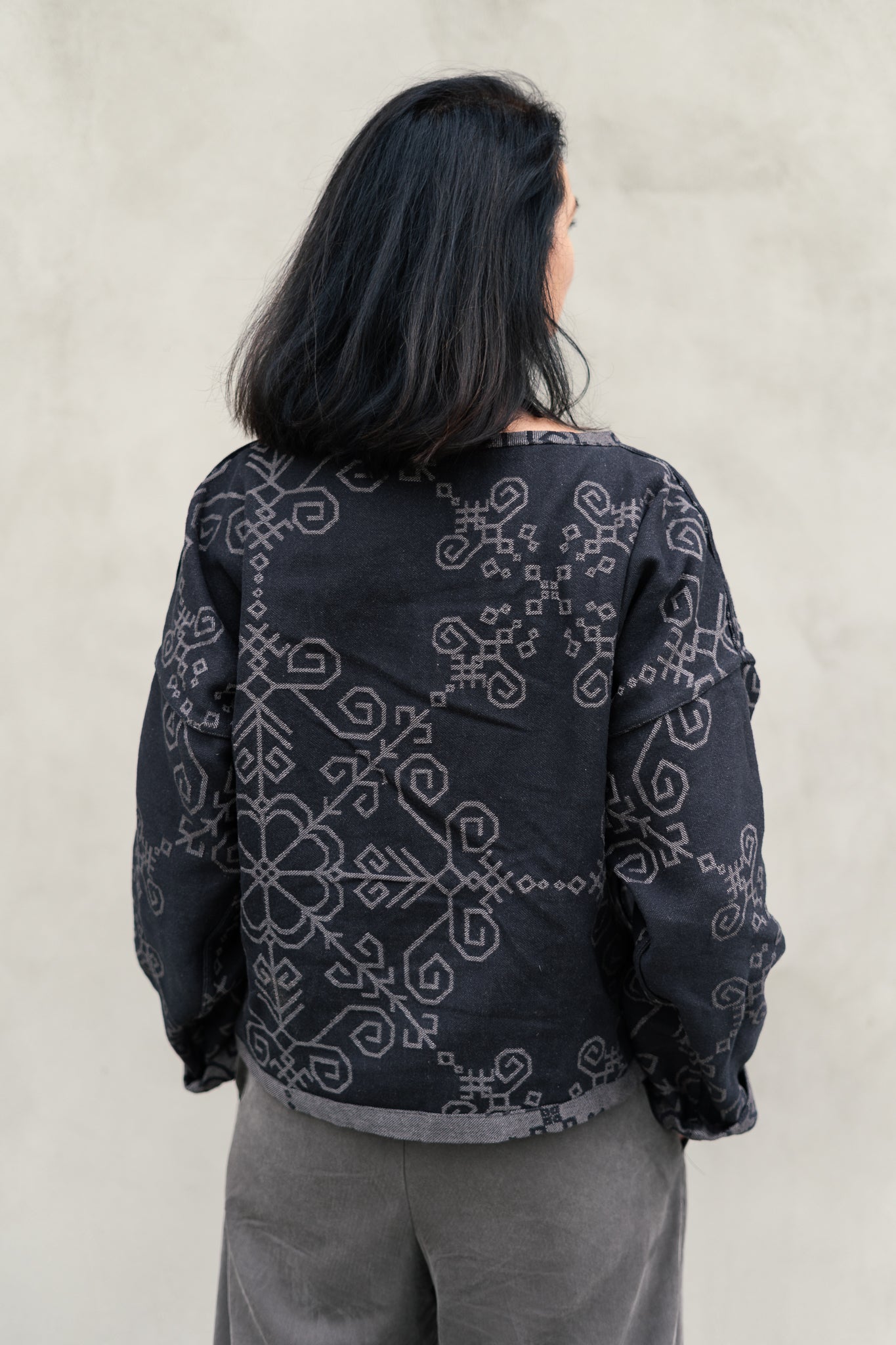 Bothsided Jacquard Sweater with Sun Symbol, grey/black