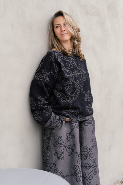 Bothsided Jacquard Sweater with Sun Symbol, grey/black