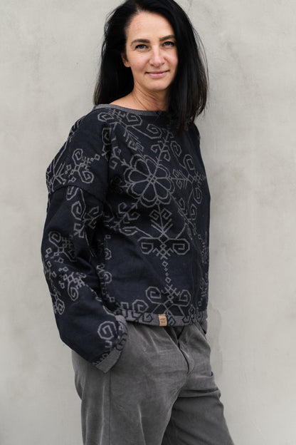 Bothsided Jacquard Sweater with Sun Symbol, grey/black