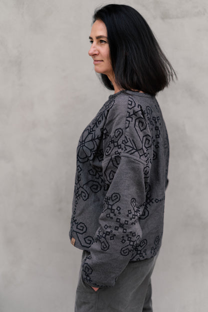 Bothsided Jacquard Sweater with Sun Symbol, grey/black