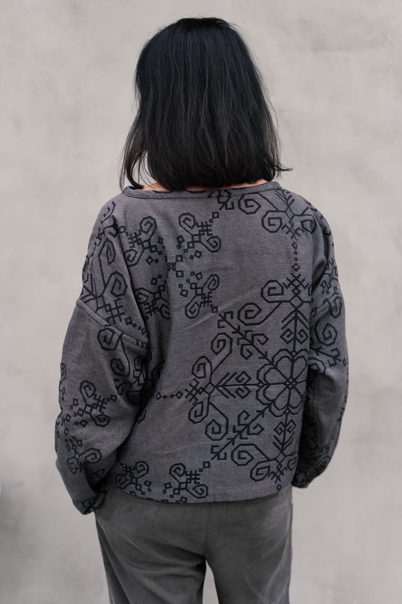 Bothsided Jacquard Sweater with Sun Symbol, grey/black