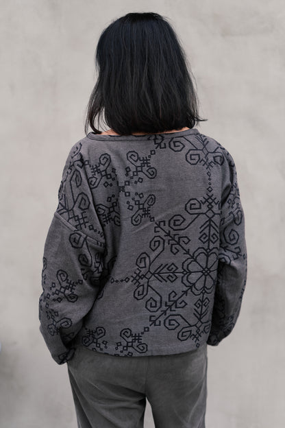 Bothsided Jacquard Sweater with Sun Symbol, grey/black