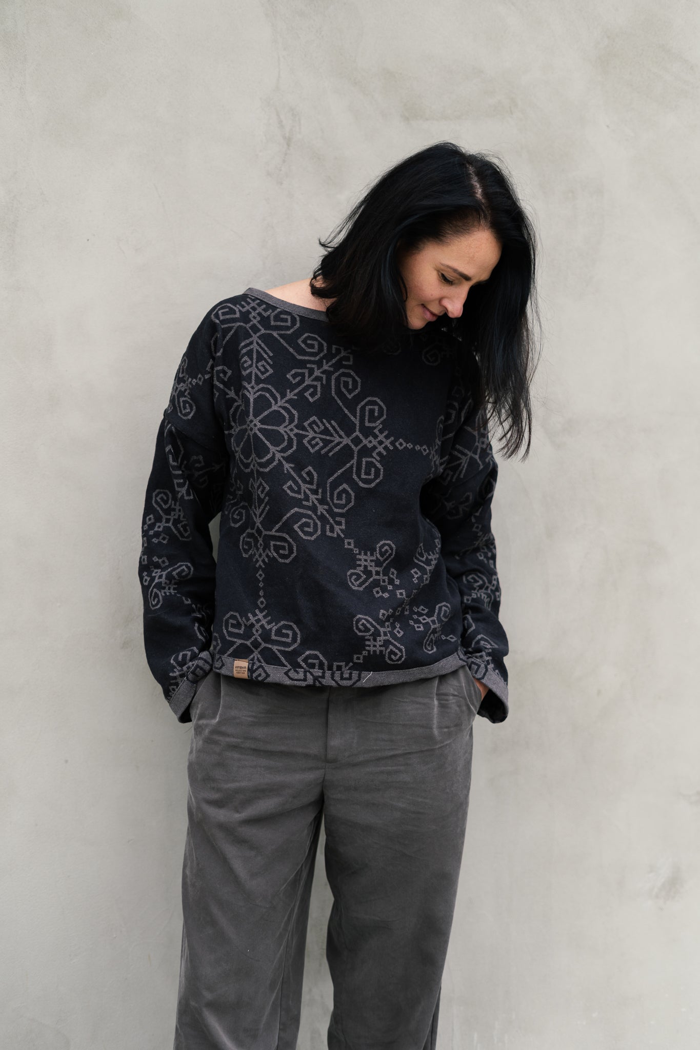 Bothsided Jacquard Sweater with Sun Symbol, grey/black