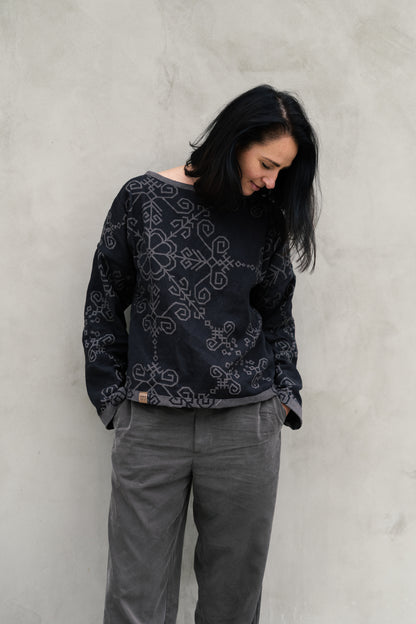 Bothsided Jacquard Sweater with Sun Symbol, grey/black