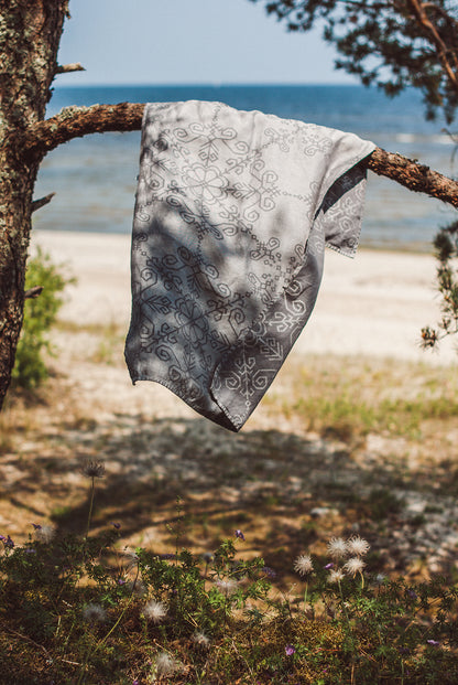 Grey Linen Towel With Sun Mandala