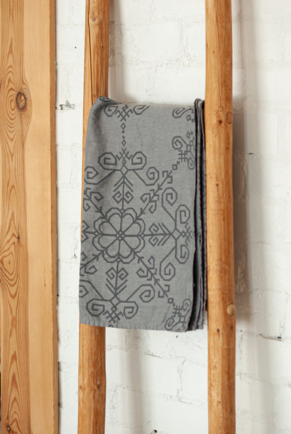 Grey Linen Towel With Sun Mandala