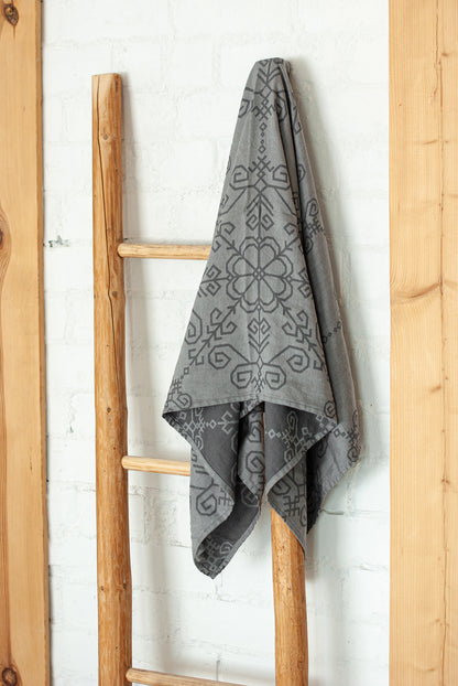 Grey Linen Towel With Sun Mandala