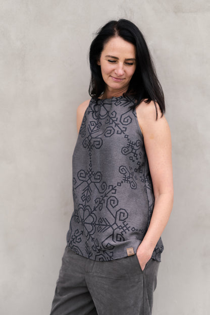 Linen Top with Sun Symbol