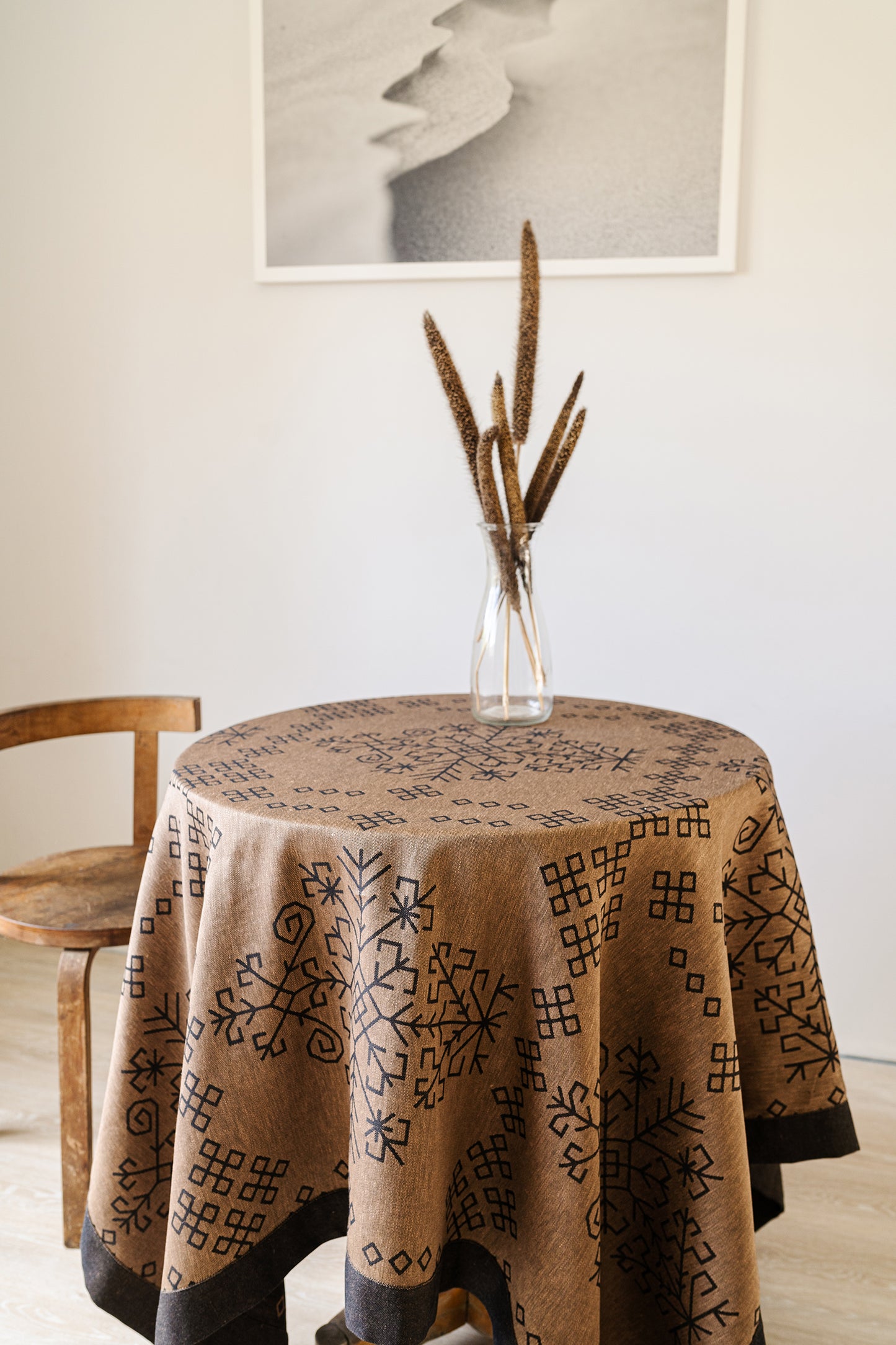 Black/bronze Linen Tablecloth, Austra Tree Pattern