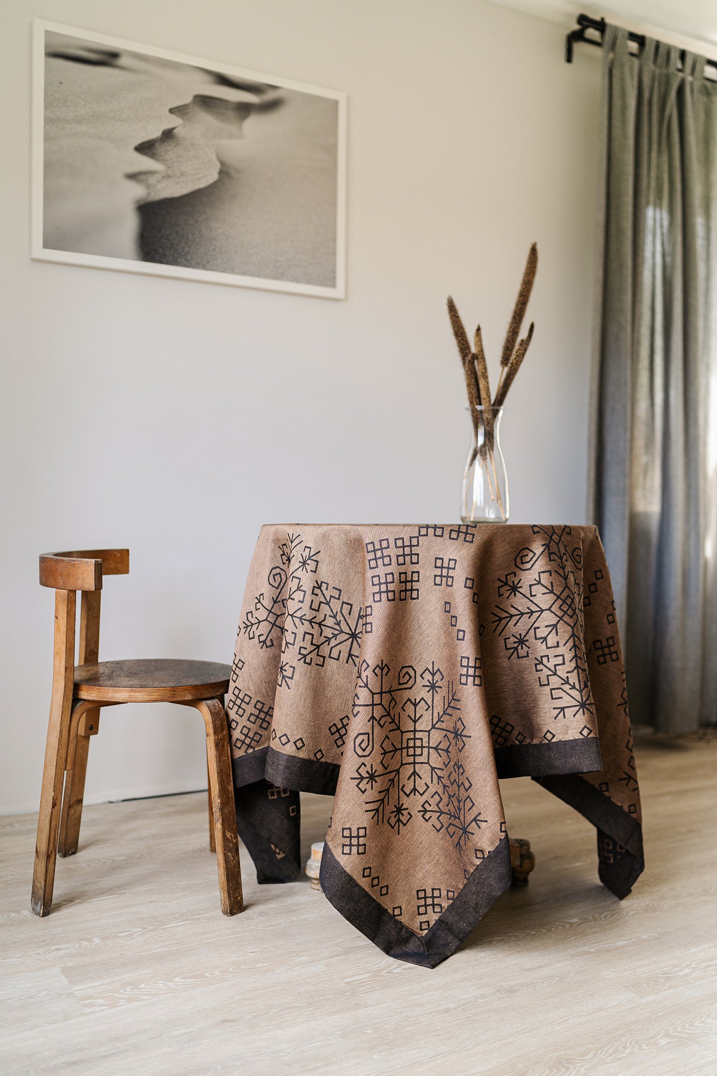 Black/bronze Linen Tablecloth, Austra Tree Pattern