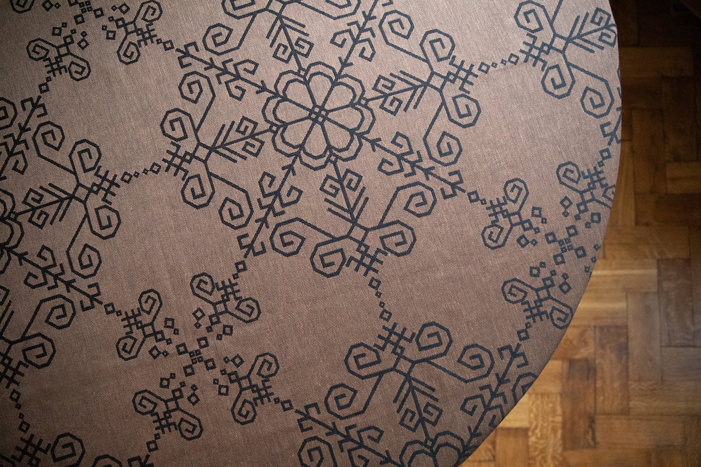 Black/Sand Linen Tablecloth with Sun Mandala