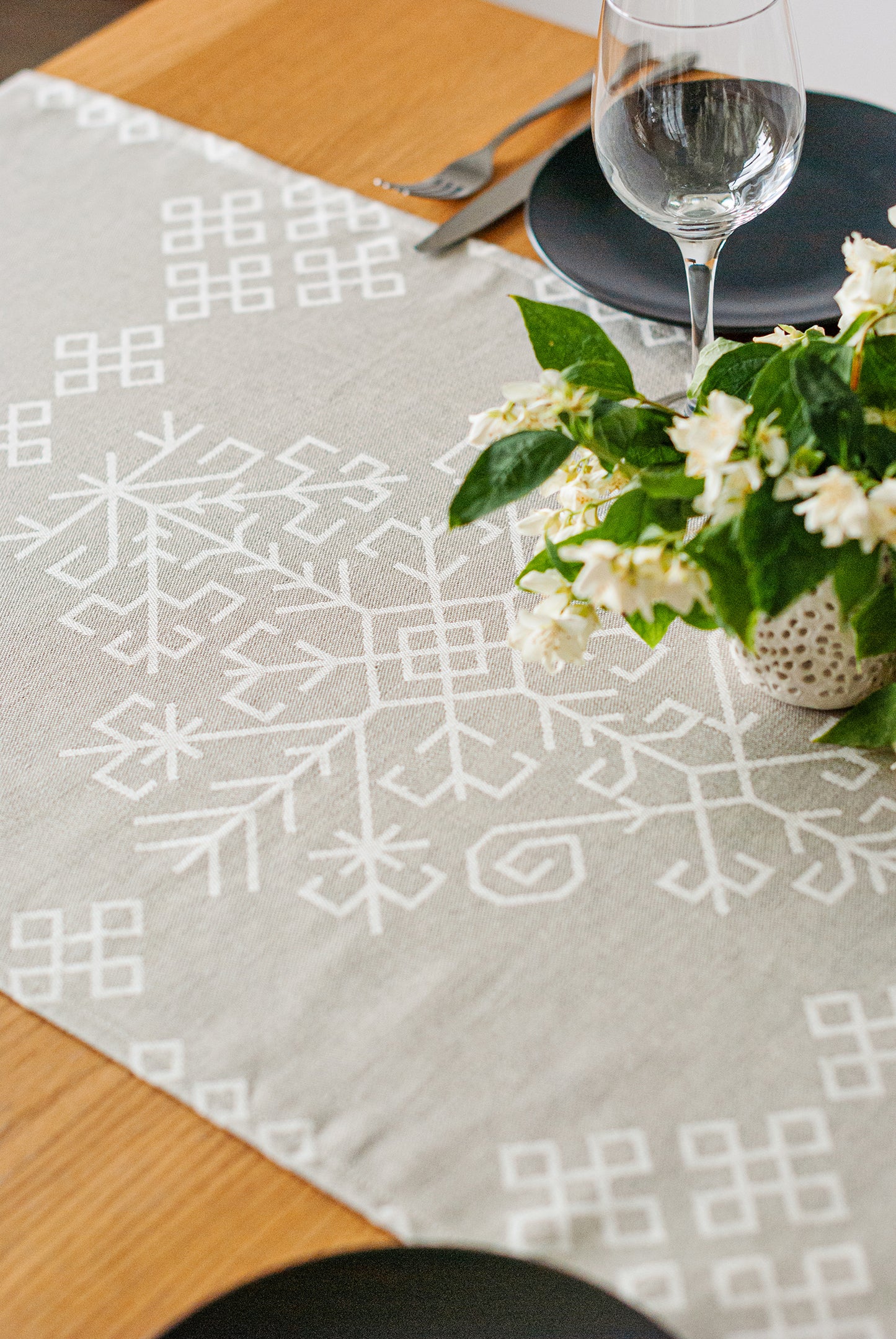 Natural Linen Table Runner, Austra Tree Pattern