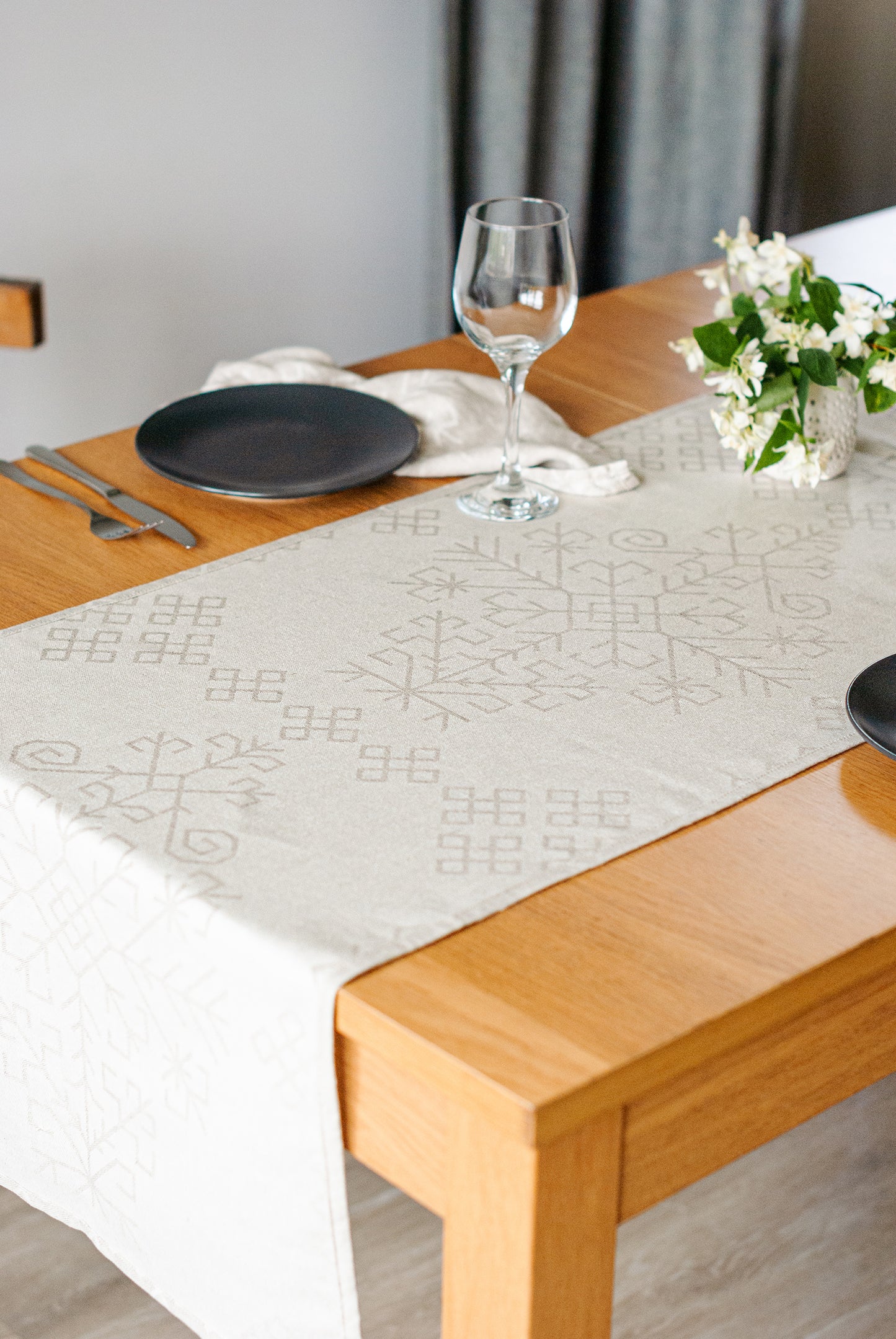 Natural Linen Table Runner, Austra Tree Pattern