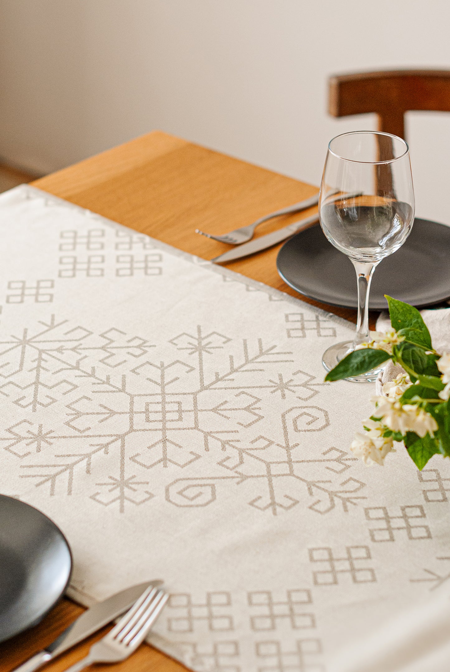 Natural Linen Table Runner, Austra Tree Pattern