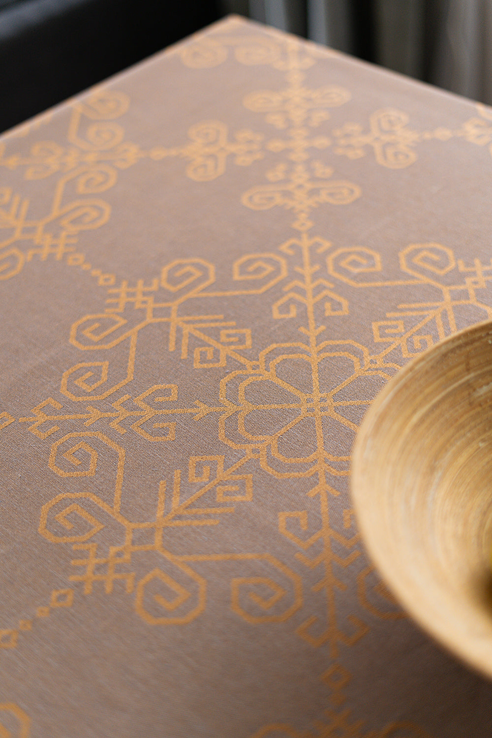 Warm Taupe Linen Tablecloth, Sun Mandala Pattern