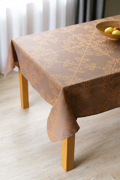 Warm Taupe Linen Tablecloth, Sun Mandala Pattern
