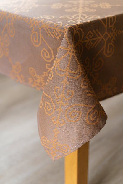 Warm Taupe Linen Tablecloth, Sun Mandala Pattern