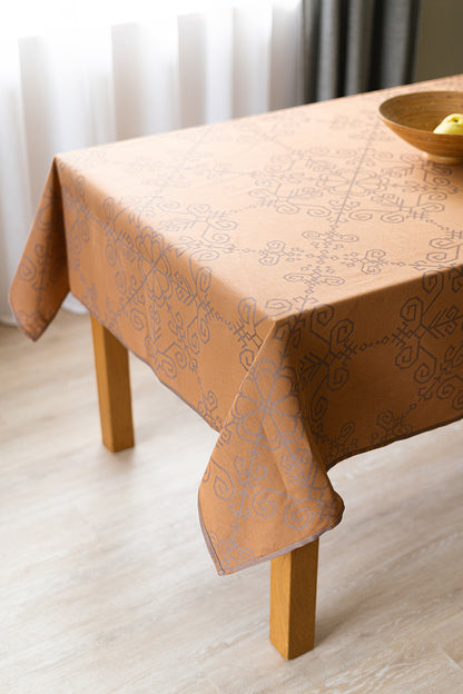 Warm Taupe Linen Tablecloth, Sun Mandala Pattern