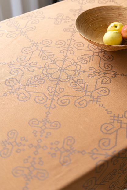 Warm Taupe Linen Tablecloth, Sun Mandala Pattern