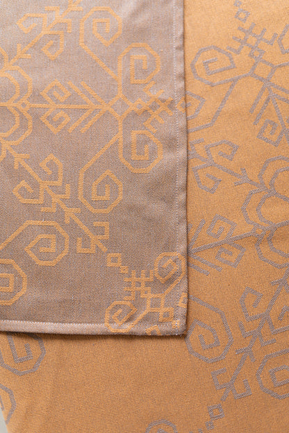 Warm Taupe Linen Tablecloth, Sun Mandala Pattern