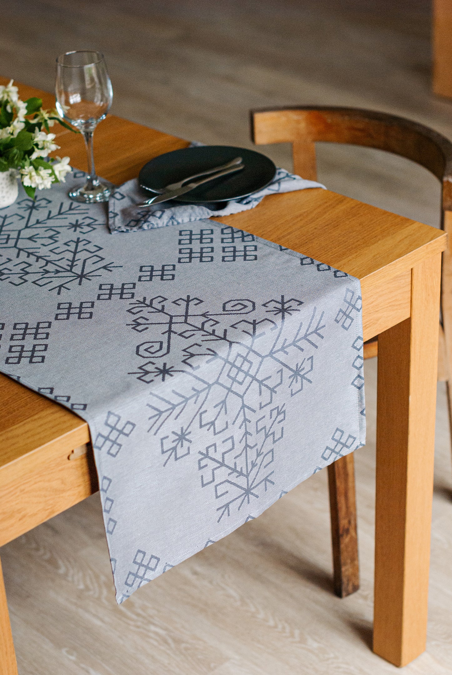 Grey Linen Table Runner, Austra Tree Pattern