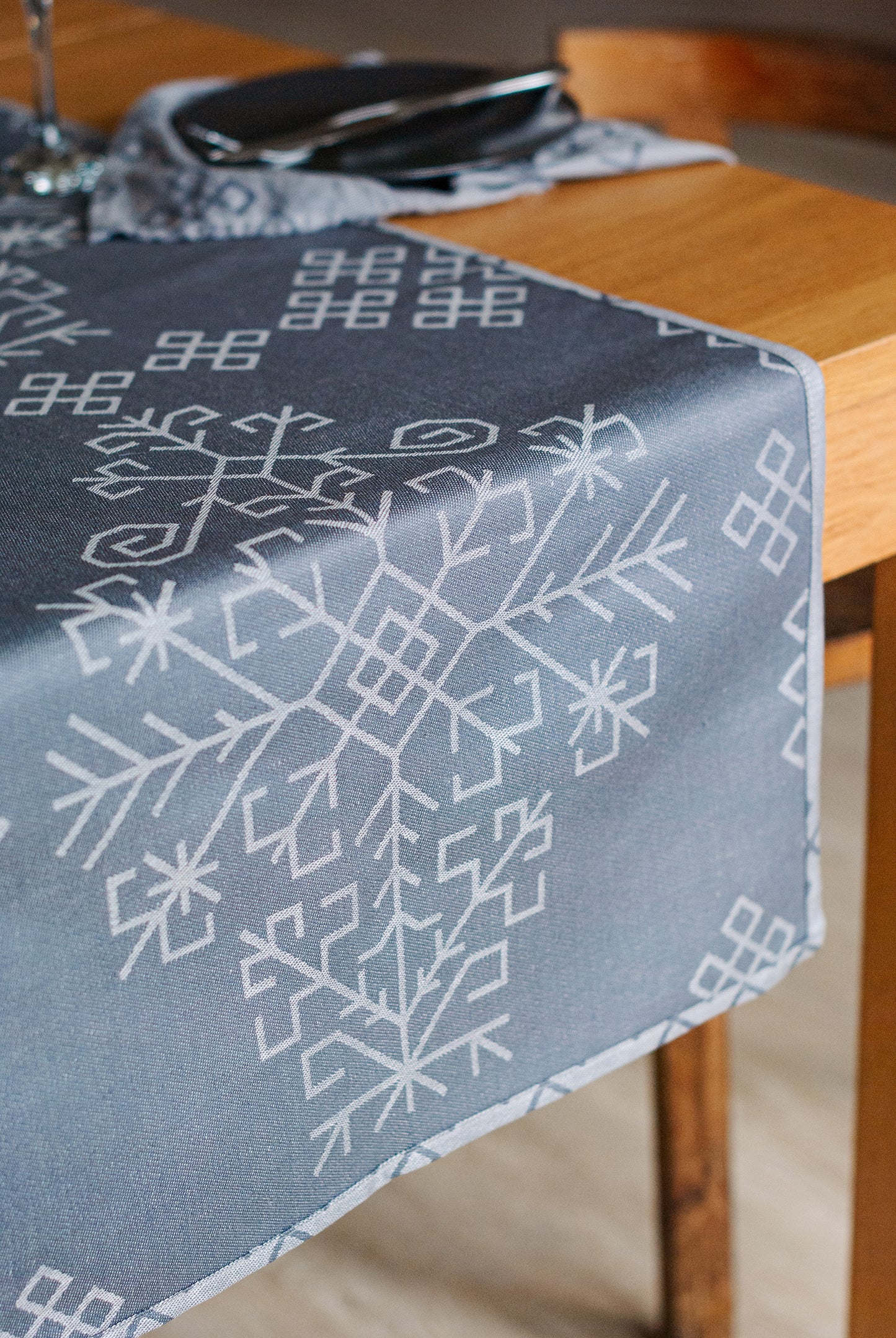 Grey Linen Table Runner, Austra Tree Pattern