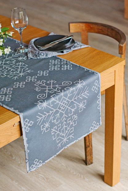 Grey Linen Table Runner, Austra Tree Pattern