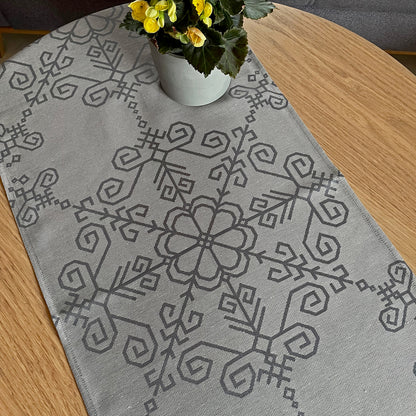 Linen Table Runner Sun Mandala, grey