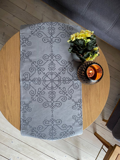Linen Table Runner Sun Mandala, grey