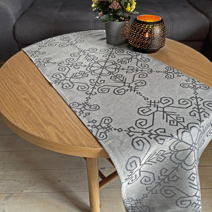 Linen Table Runner Sun Mandala, grey