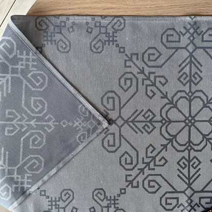 Grey Linen Tablecloth, Sun Mandala Pattern