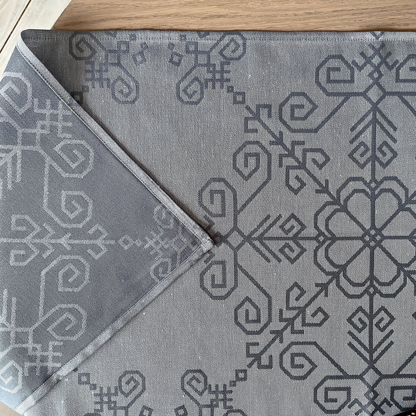 Grey Linen Table Runner, Sun Mandala Pattern