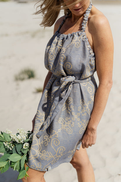 Sauna two-sided dress with Sun Mandala, blue/yellow