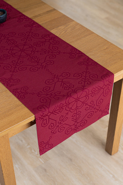 Red Linen-Cotton Table Runner Sun Mandala