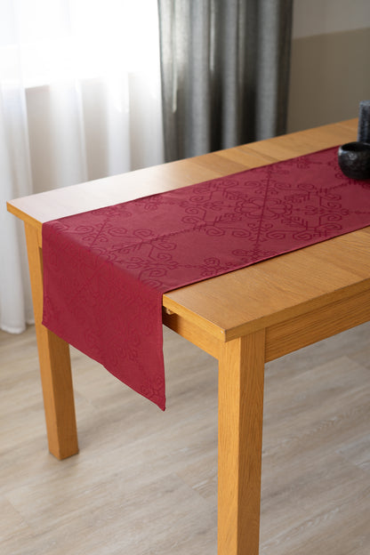 Red Linen-Cotton Table Runner Sun Mandala