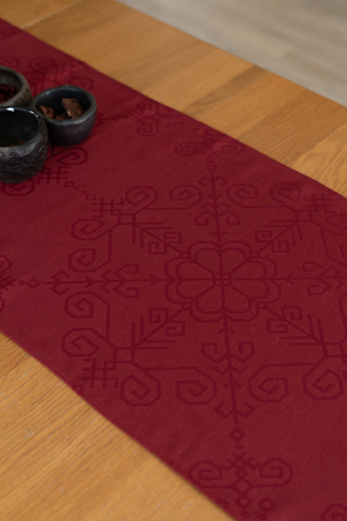 Red Linen-Cotton Table Runner Sun Mandala