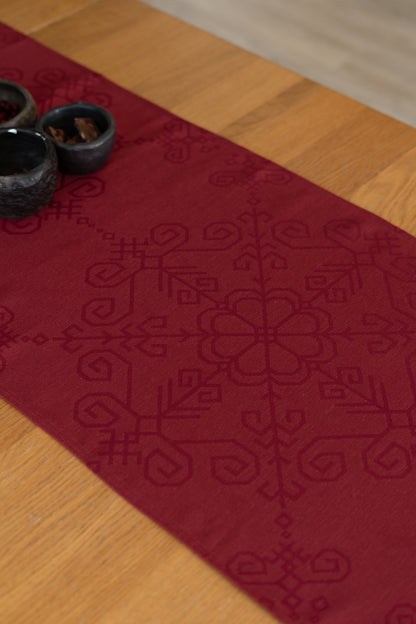 Red Linen-Cotton Table Runner Sun Mandala
