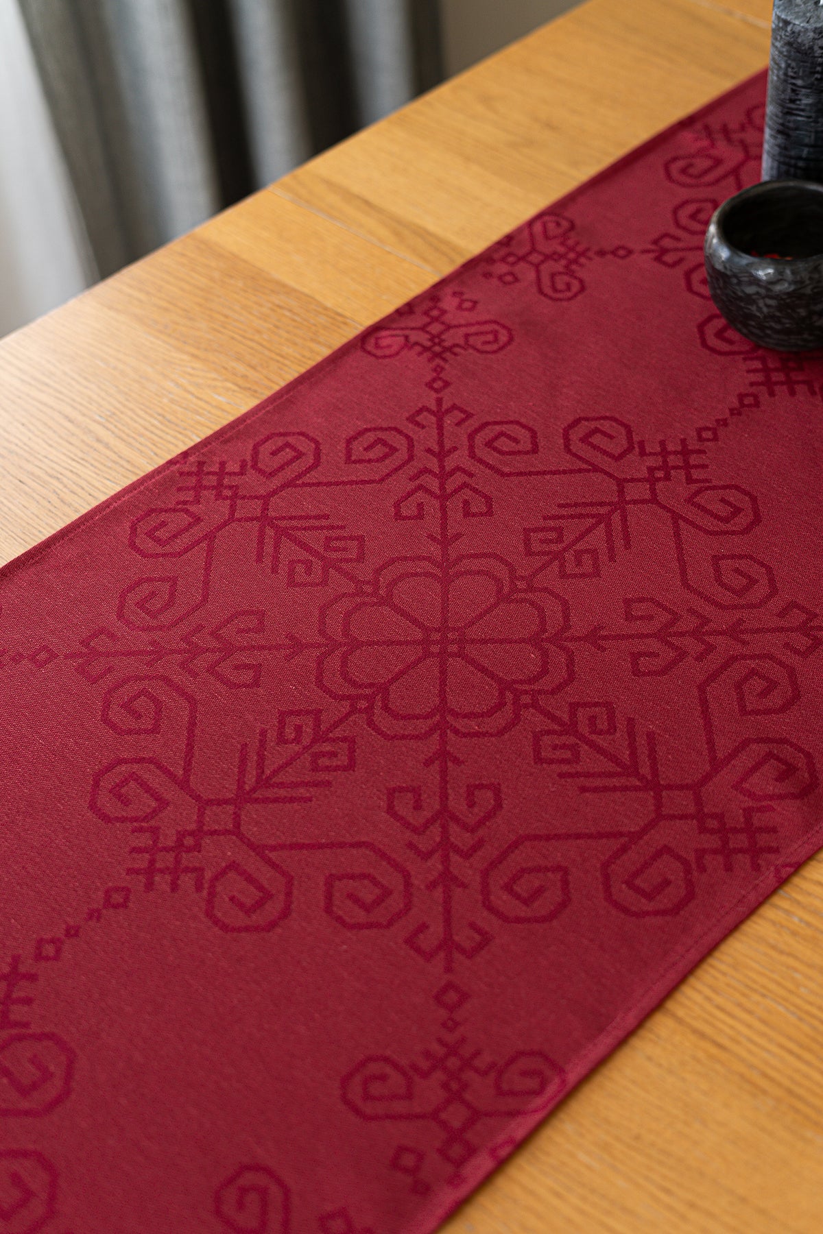 Red Linen-Cotton Table Runner Sun Mandala