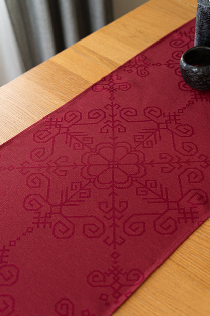 Red Linen-Cotton Table Runner Sun Mandala