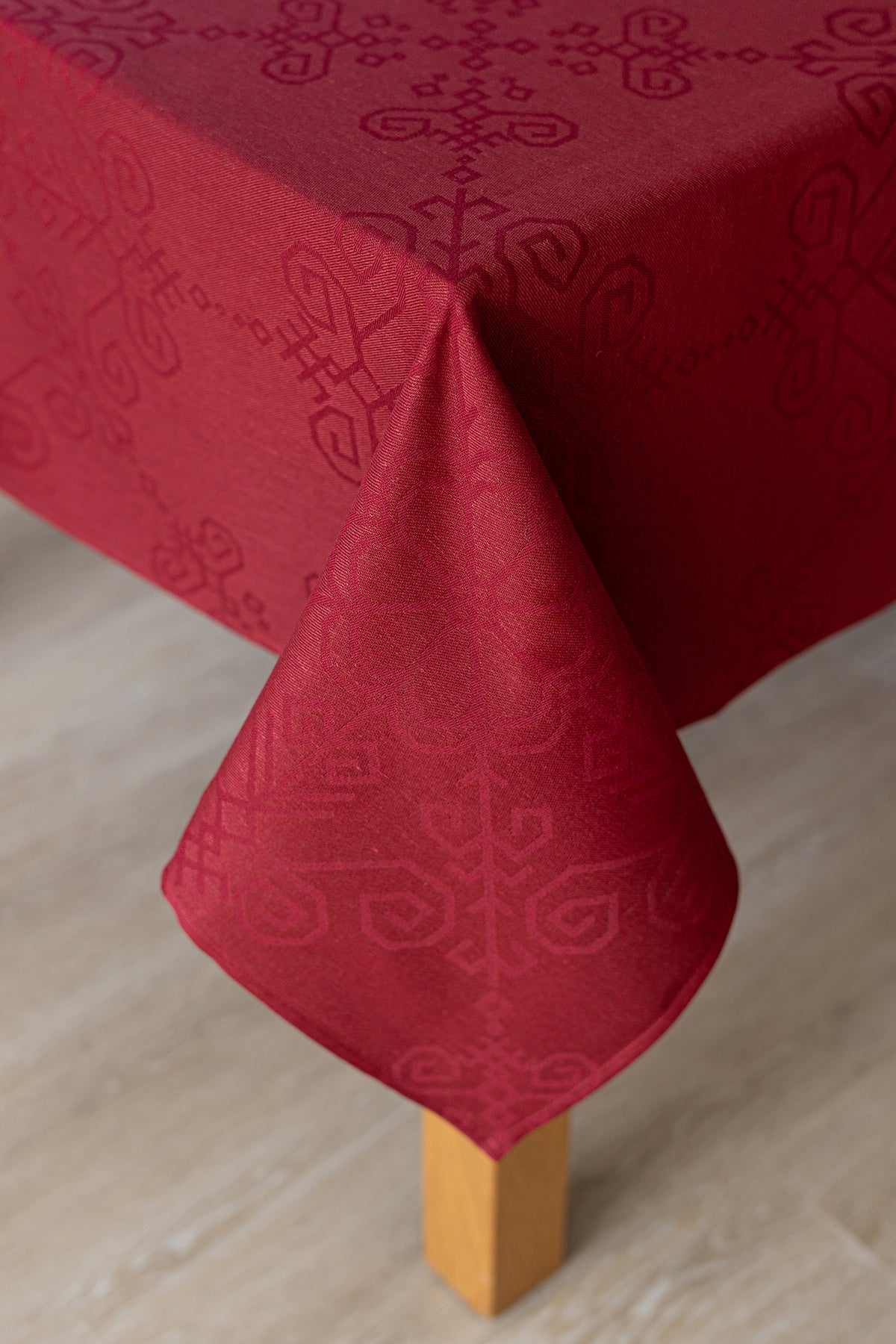 Red Linen-Cotton Tablecloth, Sun Mandala Pattern