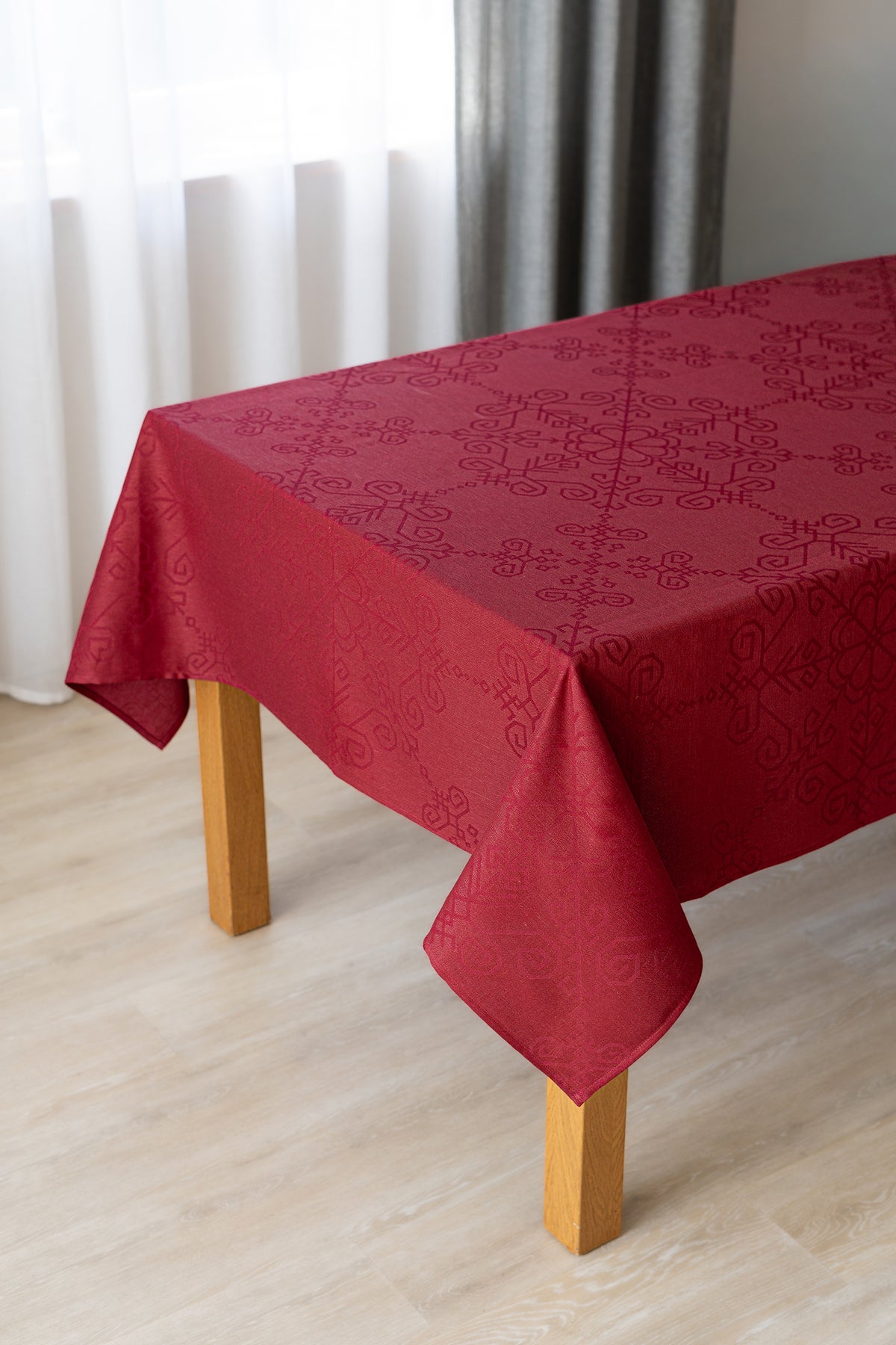 Red Linen-Cotton Tablecloth, Sun Mandala Pattern
